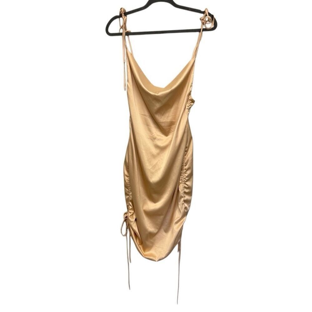 LEAU satin Champaign side ruched mini dress size large